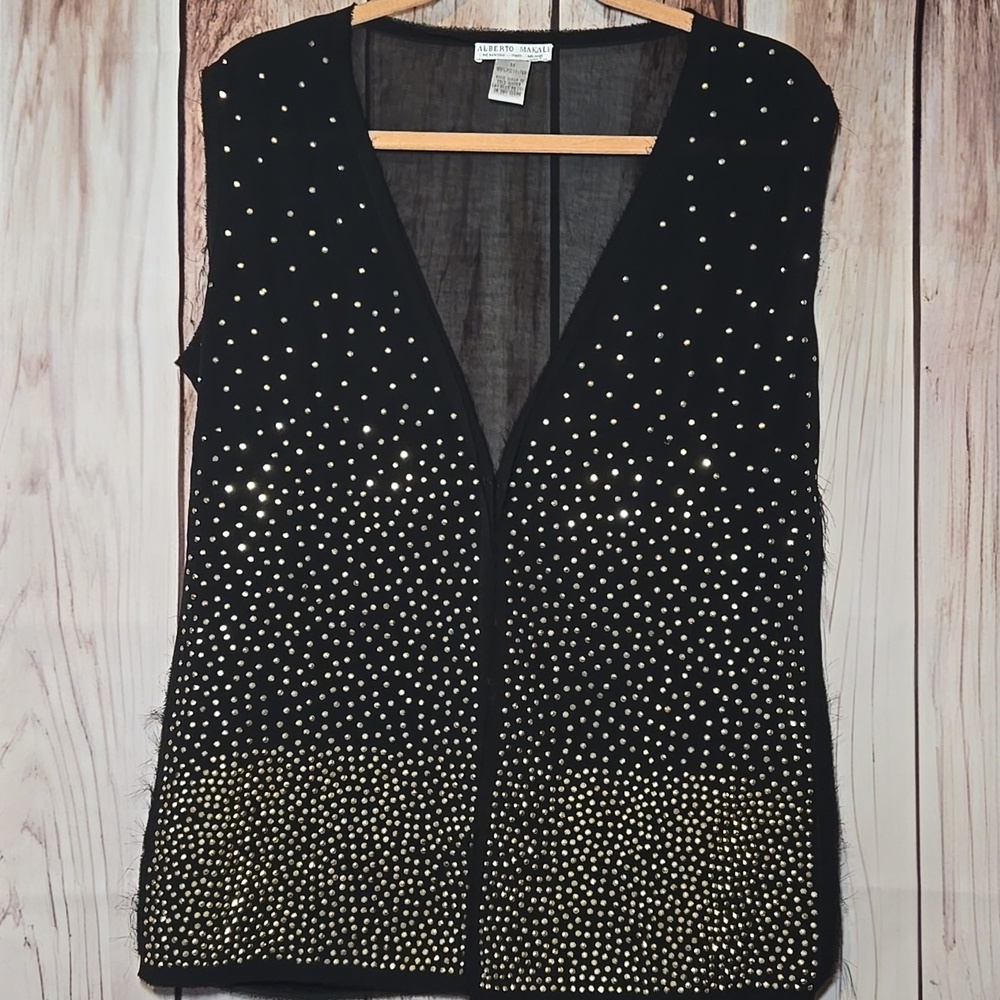 Alberto Makali Sheer Black Gold Studded Cardigan Vest Hook & Eye Closure Medium